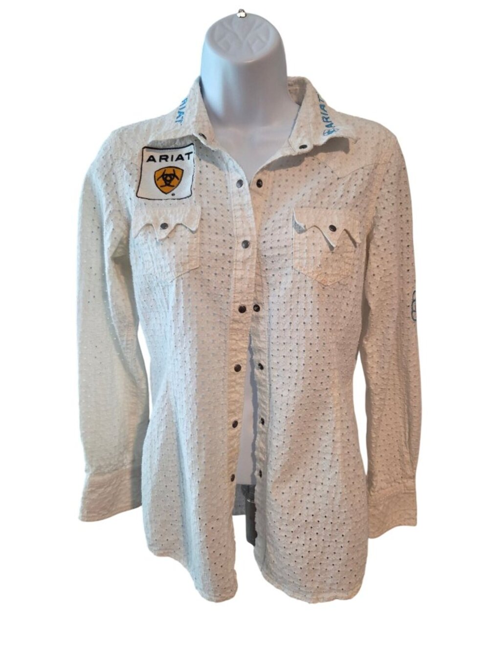Ariat Womens S White Eyelet Western Snap Shirt Blue Logo Cowgirl Rodeo